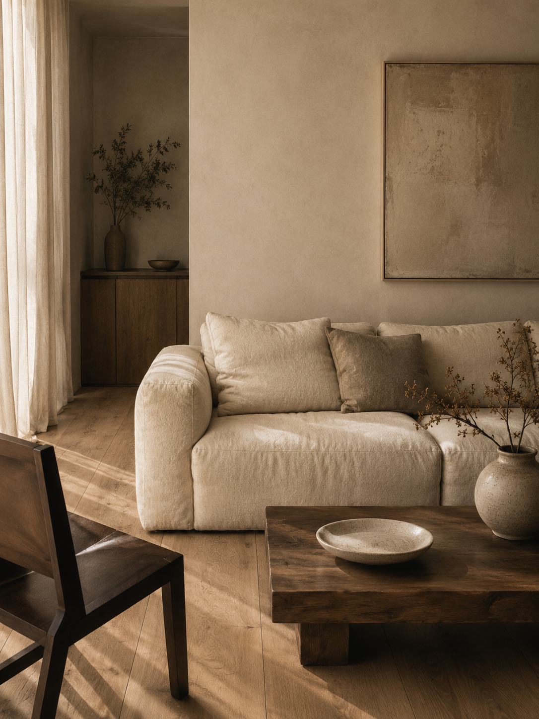 A gathering room with an oatmeal linen sofa, walnut coffee table, and limewashed plaster walls
