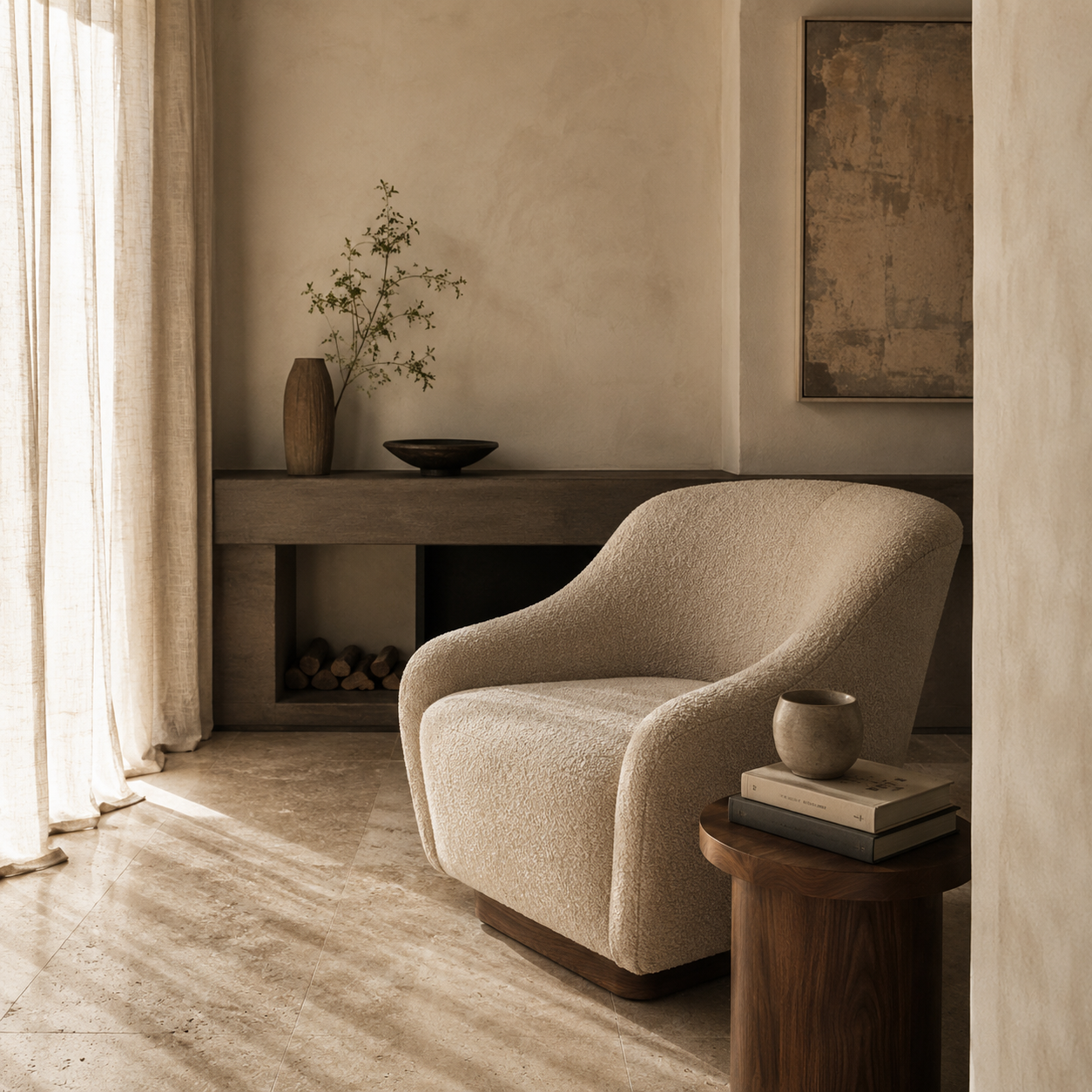 A sculptural bouclé armchair beside a walnut side table in soft morning light