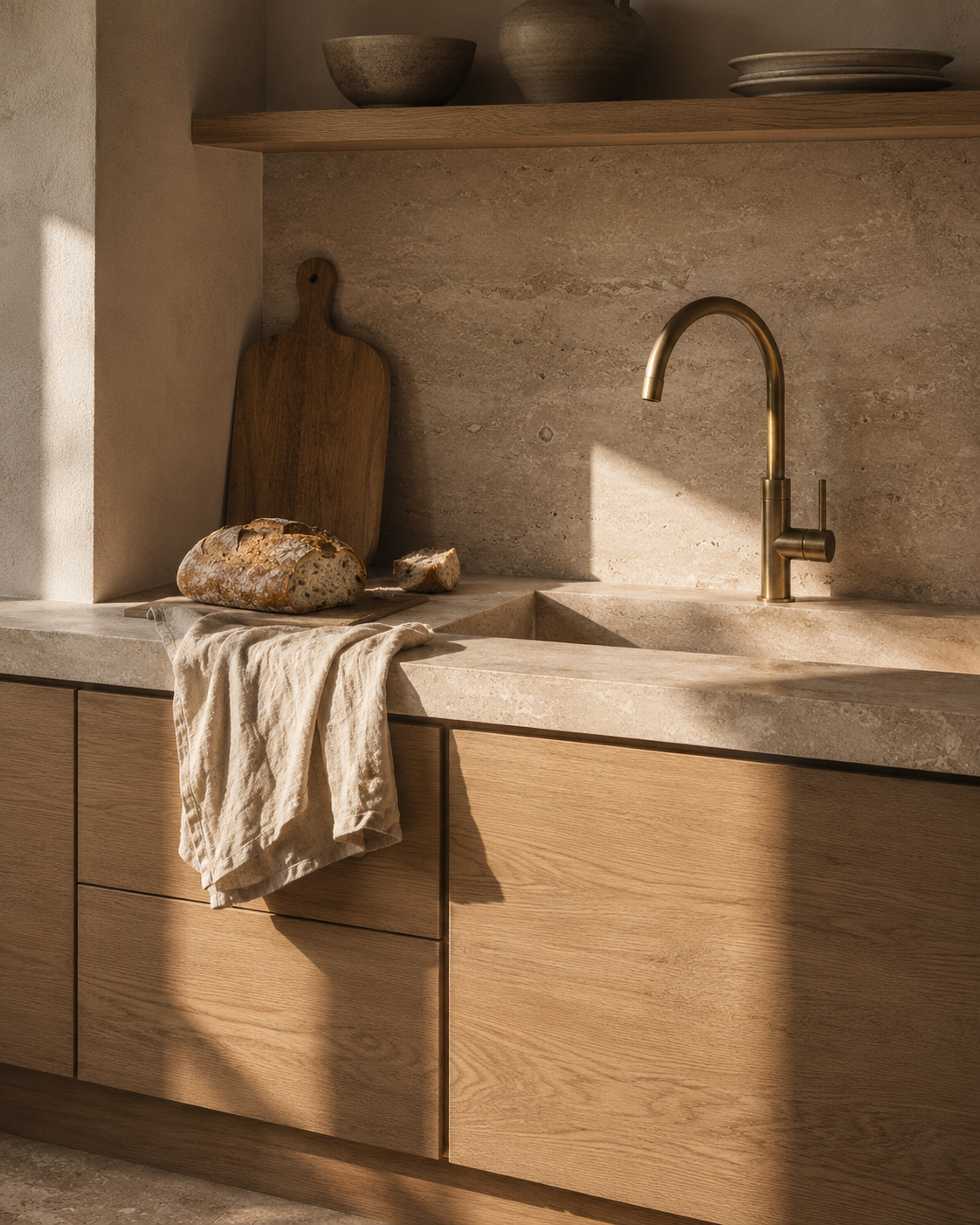 A quiet kitchen in honed travertine and white oak with an unlacquered brass faucet